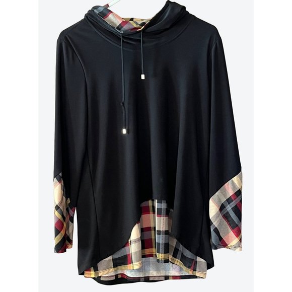 Ali Miles Tops - Ali Miles Women's Small Long Sleeve Slit Back Hoodie Black Red Tan Gold Plaid